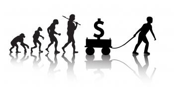 Die Entwicklung vom Affen (links) zum Menschen (rechts), der auf einen Karren ein Dollarzeichen zeiht
