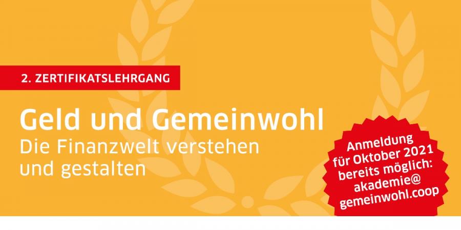 Bild: Genossenschaft für Gemeinwohl Banner Zertifikatslehrgang "Geld und Gemeinwohl" 2021